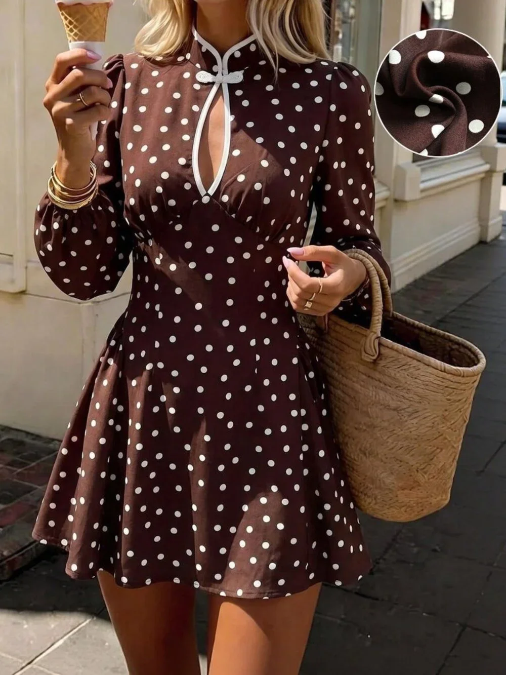 Brown Casual Women's Polka Dot Short Dress